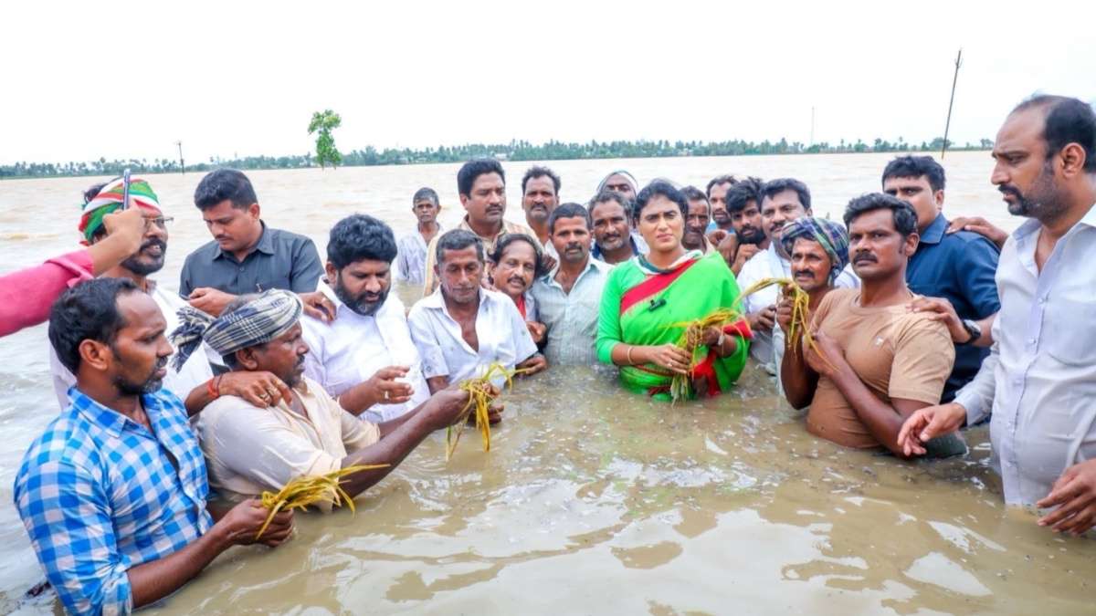 Sharmila Stands Inside water To Highlight AP’s Flood Crisis