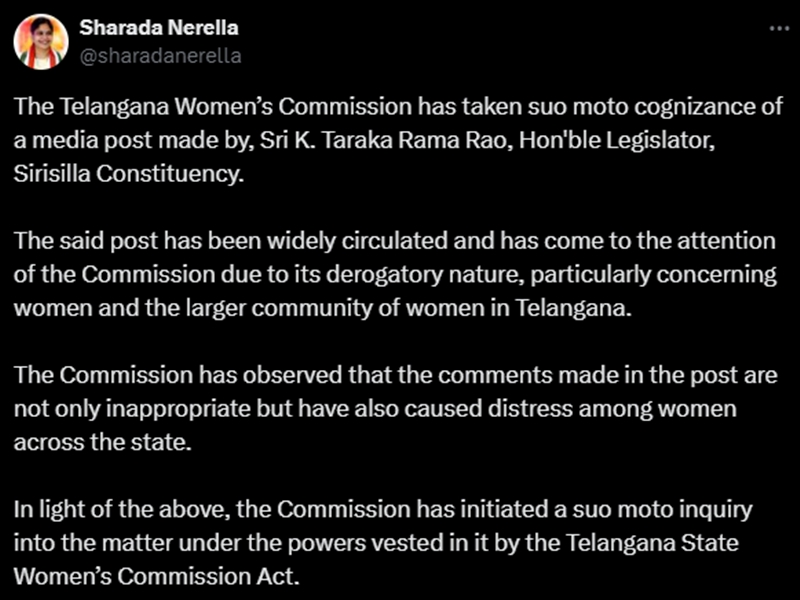 Telangana Women’s Commission orders probe into KTR’s remarks