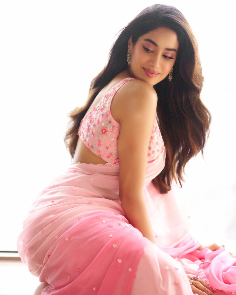 Devara actress slays in pink floral saree