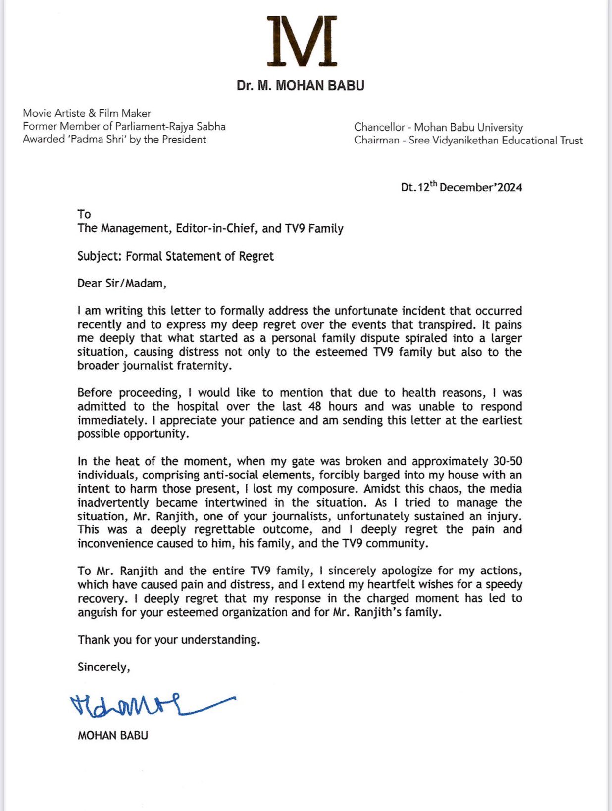 Mohan Babu Regrets, Tenders Apology