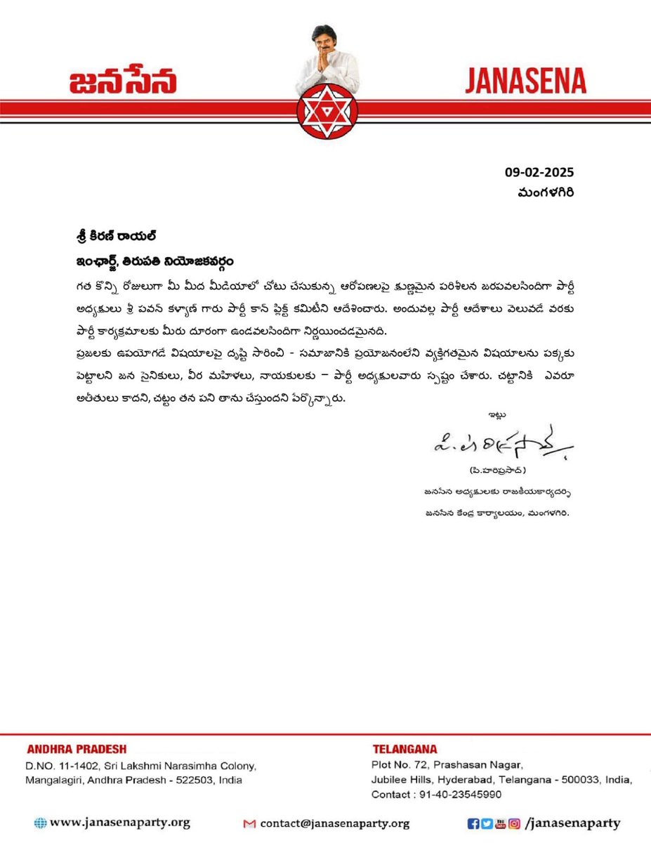 Janasena Suspends Kiran Royal Over Serious Allegations